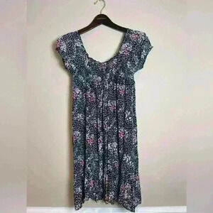 Free Preople Peasant Babydoll Floral Mini Press Black M